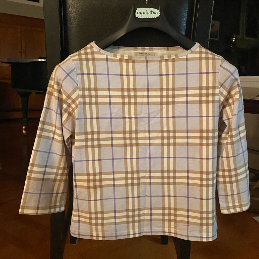 Burberry Beige Brown and Light Blue Plaid Long Sleeve Top